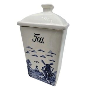 Vtg TEA Blue White Delft Dutch Windmill Tea Canister 1940s Germany GUC With Lid